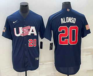 Mens USA Baseball #20 Pete Alonso Number 2023 Navy World Baseball Classic Stitched Jersey